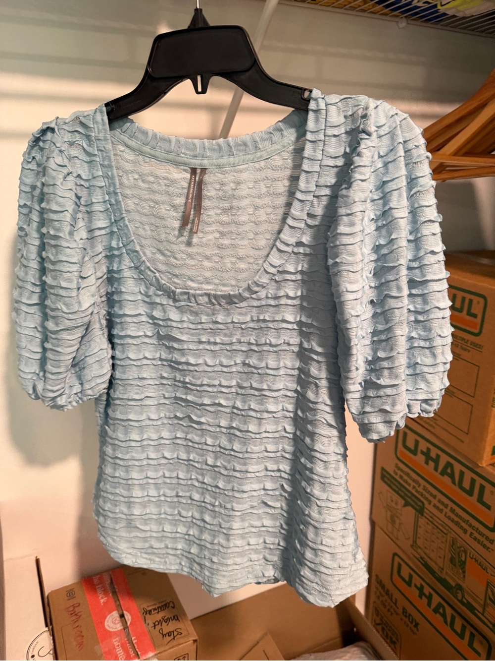 Anthropologie Light Blue Ruffled Scoop Neck Puff Sleeve Top